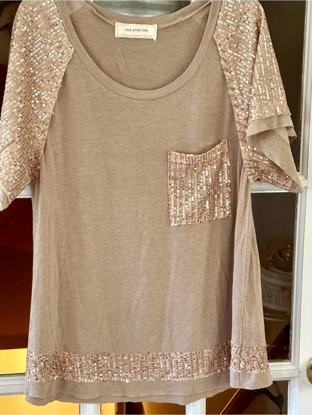 Time After Time Sequin Accent Taupe Top Size S